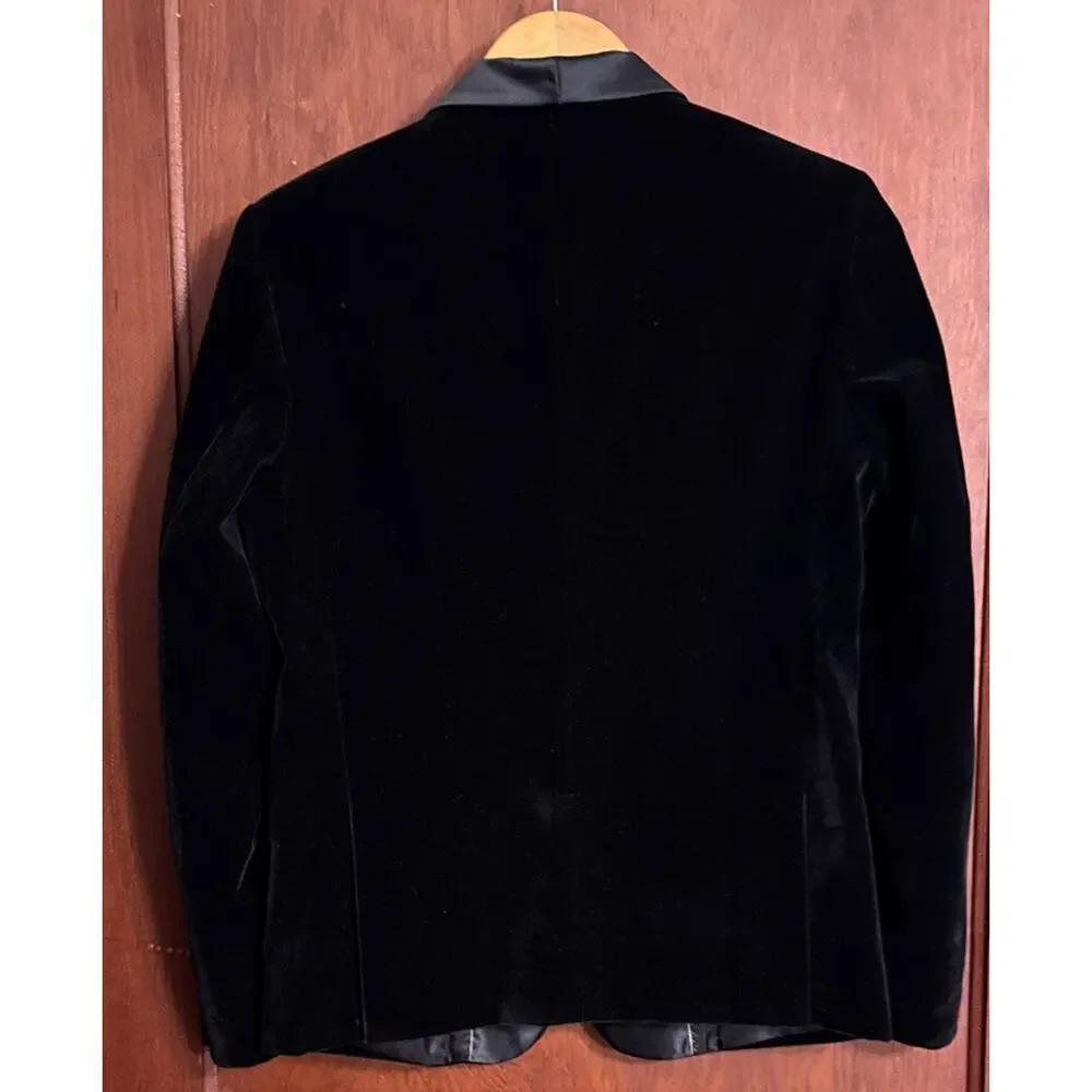 Boys Black Velvet Tuxedo Blazer 170cm(US 16) Satin Collar Formal Dinner Jacket